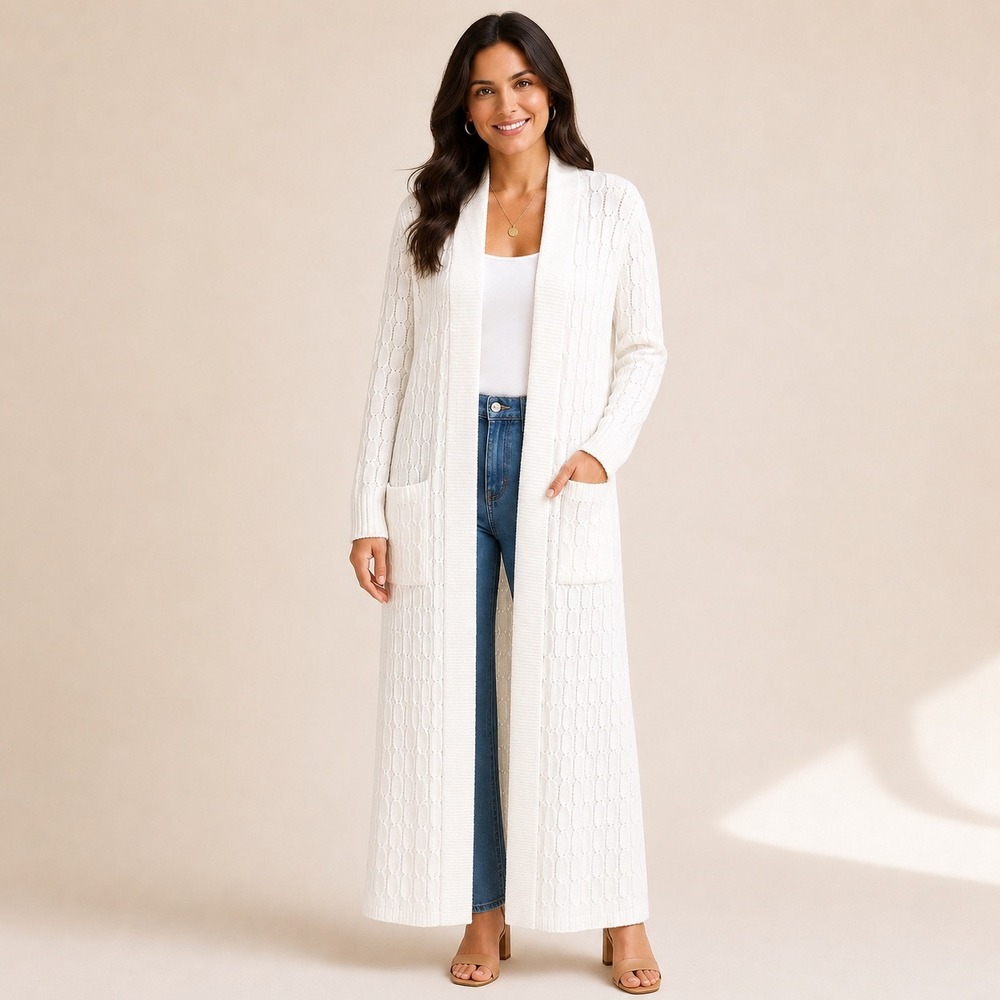 NEW White Cable Knit Open Front Maxi Cardigan Size 2, Large Fashion to Figure